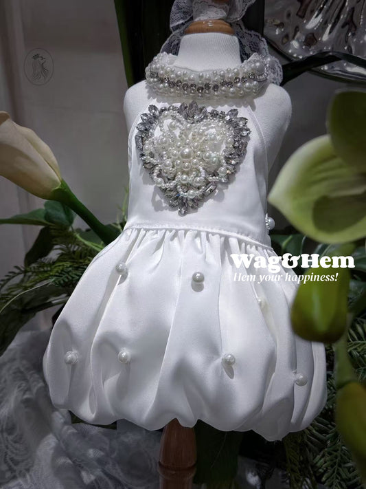 「心鑽盛宴」純白緞面寵物婚紗裙｜浪漫奢華風｜蓬鬆雲朵工藝裙【PC系列】