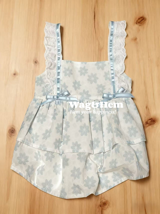 「靈動精靈」淺藍碎花寵物裙｜春日仙女風｜蕾絲蝴蝶結【WH系列】