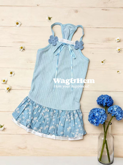 「春日藍調」淺藍坑條針織裙｜清新浪漫風｜透氣彈力【WH系列】