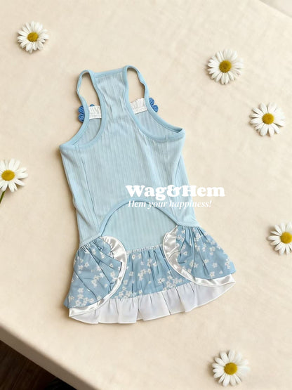 「春日藍調」淺藍坑條針織裙｜清新浪漫風｜透氣彈力【WH系列】