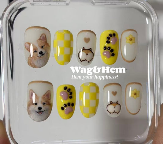 柯基陽光黃系萌趣穿戴甲｜胖嘟柯基｜親子甲系列｜主人配搭飾件