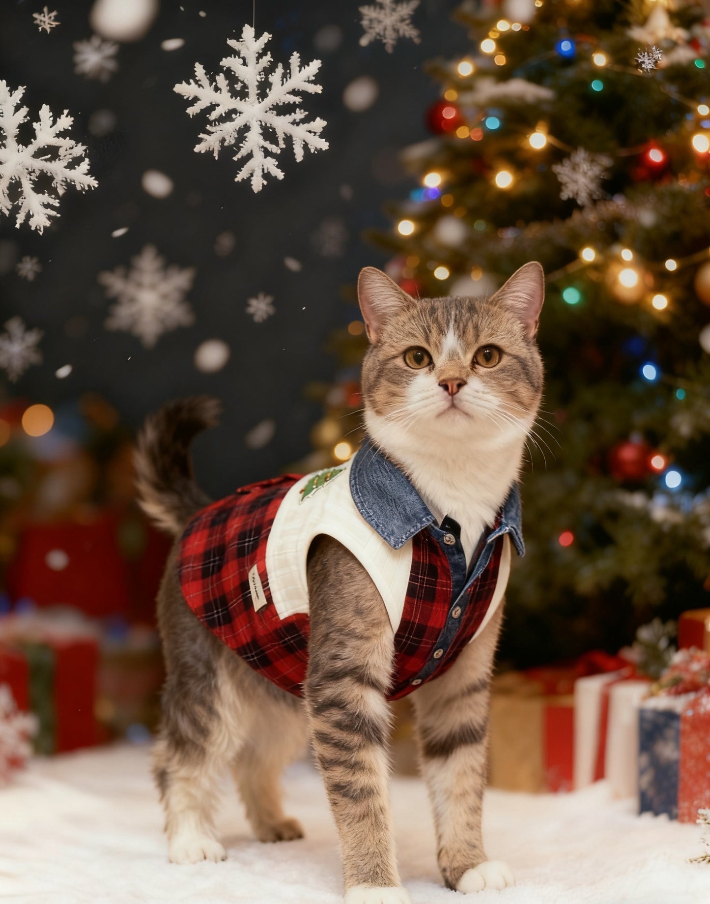 「紅格聖誕」牛仔英倫風貓款襯衫【聖誕系列】