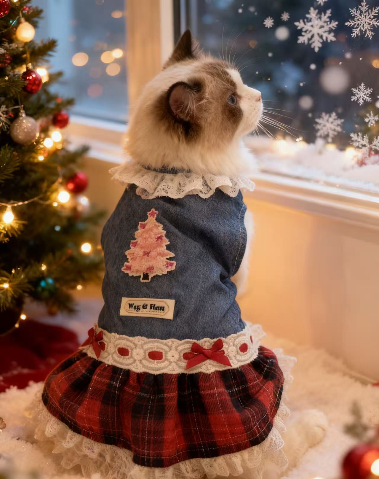 「聖誕格紋」牛仔英倫風貓款裙子【聖誕系列】