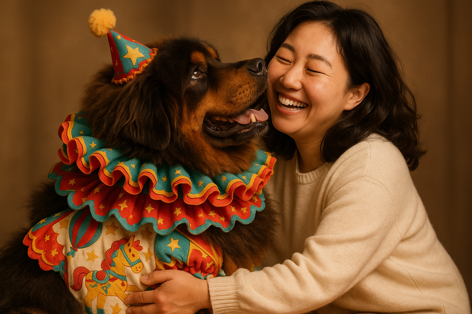 韓國女主人開心地抱著穿童話馬戲團風格寵物衣服的藏獒,藏獒也望向女主人