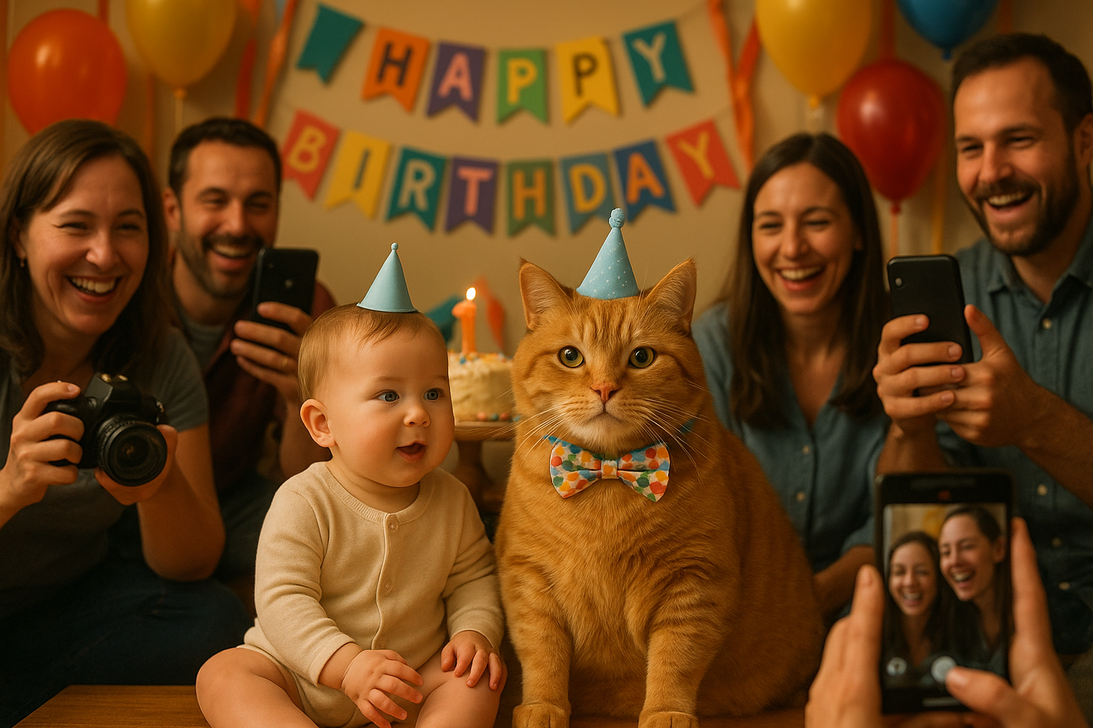 生日會上,一歲幼兒和穿著生日造型的大貓一起被大人們圍著拍照