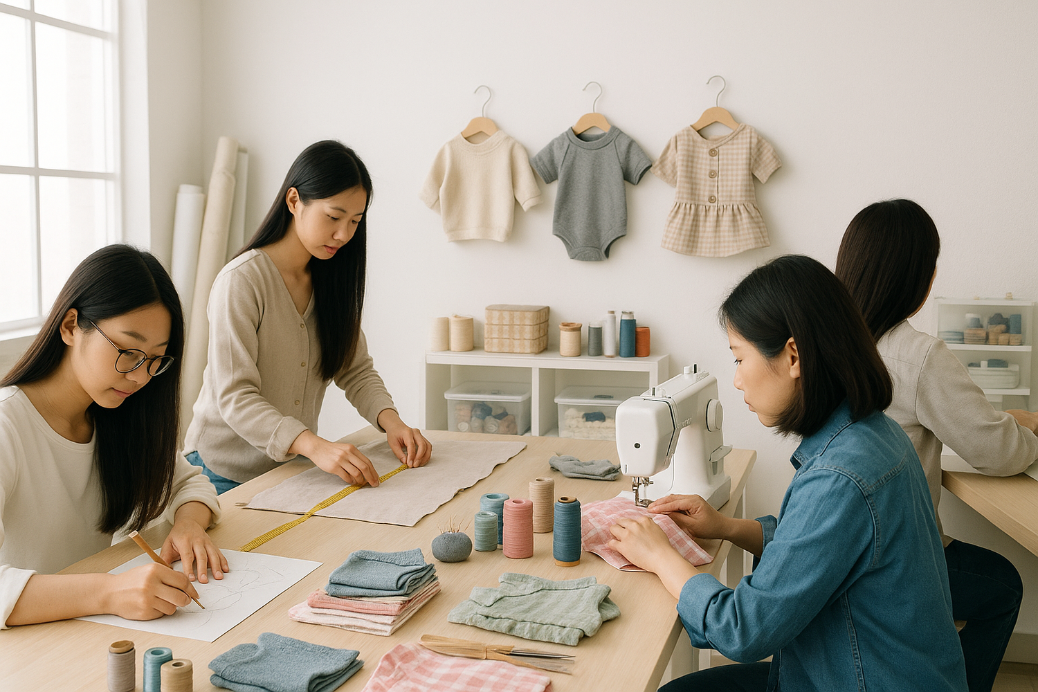 四名香港華人女手作人在又白又亮的工作室裏設計著寵物衣服,一名在量尺寸,一名在畫圖則,兩名在車寵物衣服,她們都是側面或背對鏡頭。