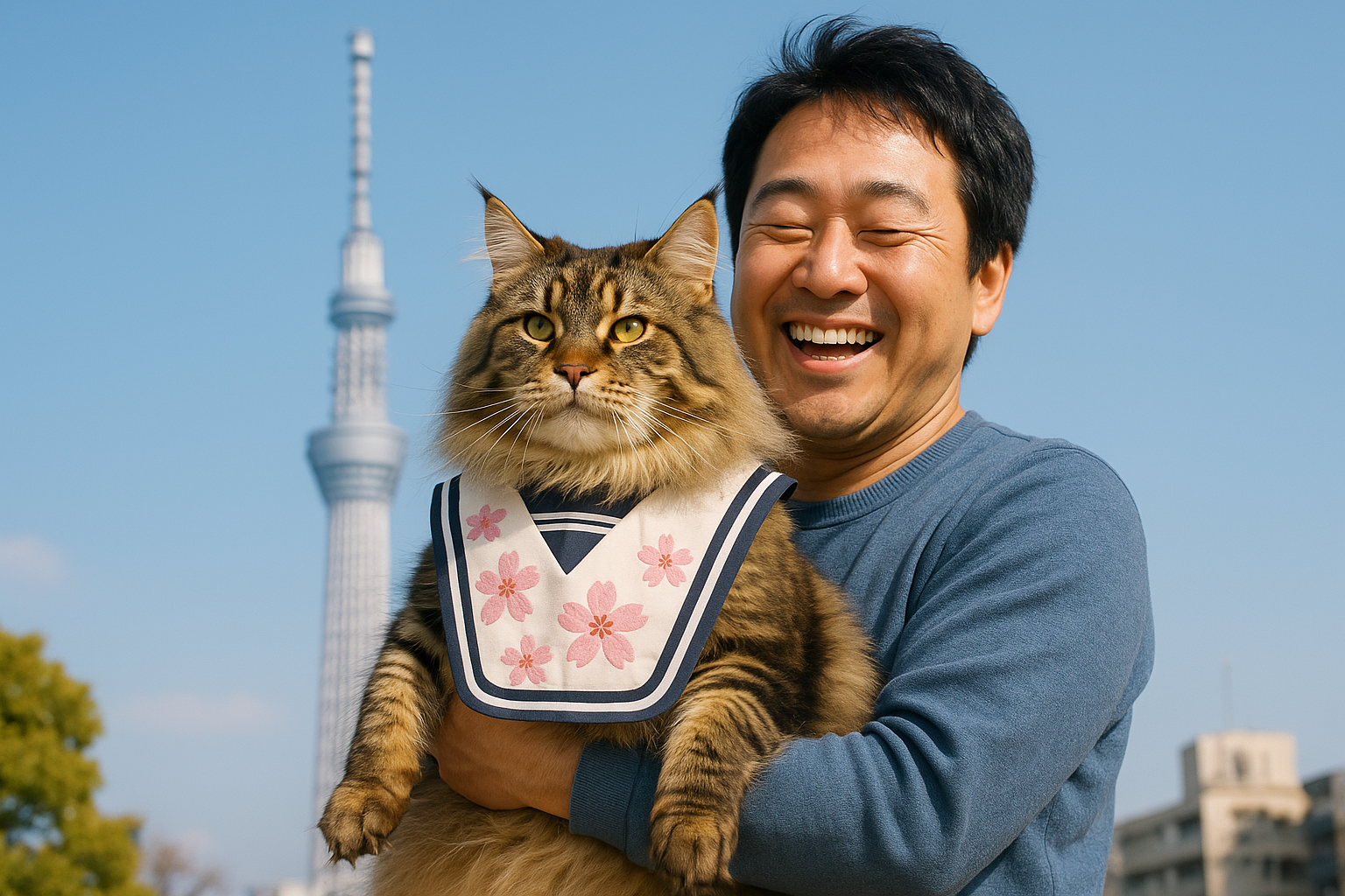 背景晴空塔，日本男飼主抱著穿著櫻花學院風格口水巾的大型緬因貓感到很快樂