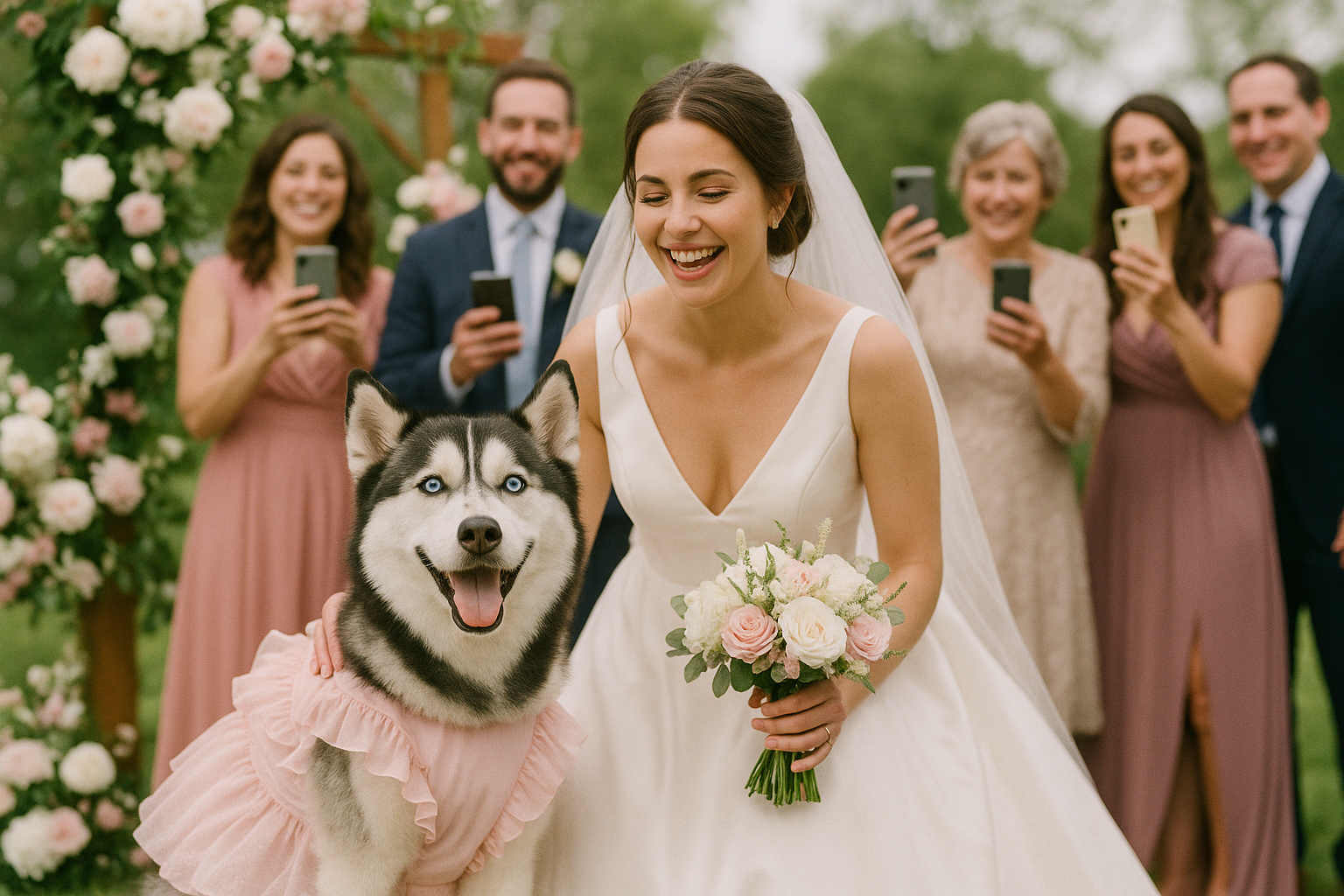 新娘結婚了,她的哈士奇也穿著美麗的粉紅裙子一同慶祝,眾人舉起手機拍照