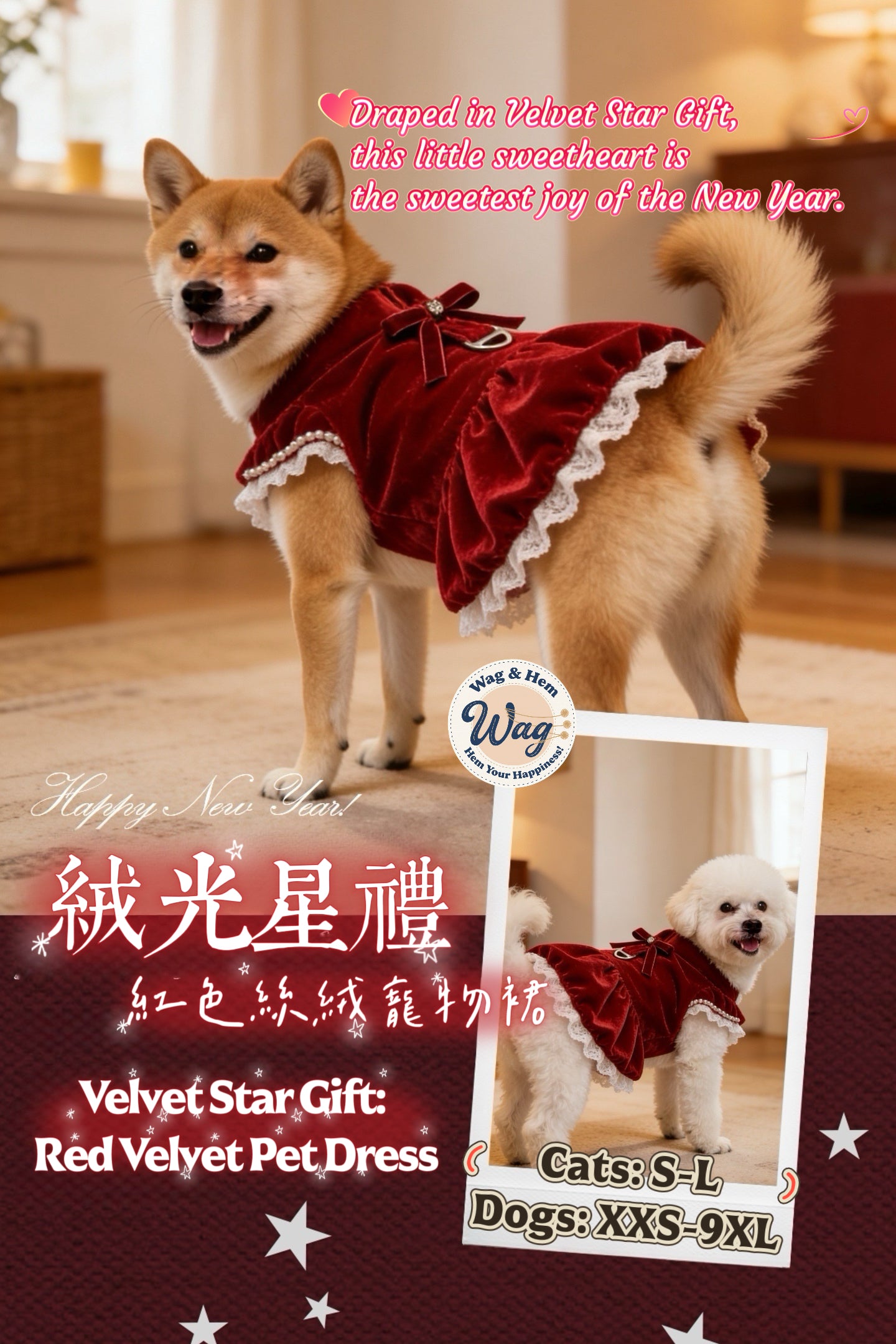 【絨光星禮】紅色絲絨寵物裙｜賀歲甜美裝【WH系列】