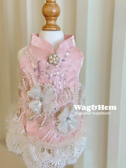 （度身訂製）「紫綾花絨」高級寵物禮服裙(粉)｜寵物婚禮｜高端布料【UT系列】