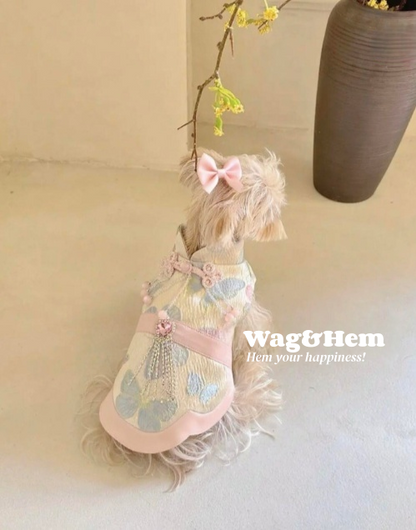 （度身訂製）「蝶影珠絳」高級寵物禮服裙（粉）｜寵物婚禮｜高端布料【UT系列】