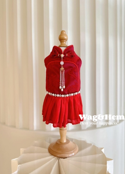 （度身訂製）「紅韻綴珠」高級寵物禮服裙(紅) ｜寵物婚禮｜高端布料【UT系列】