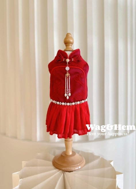 （度身訂製）「紅韻綴珠」高級寵物禮服裙(紅) ｜寵物婚禮｜高端布料【UT系列】