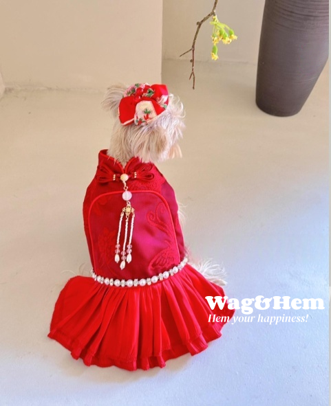 （度身訂製）「紅韻綴珠」高級寵物禮服裙(紅) ｜寵物婚禮｜高端布料【UT系列】