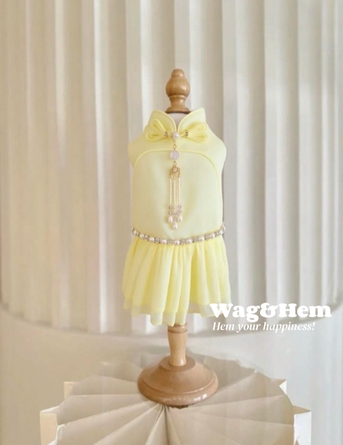 （度身訂製）「黃韻綴珠」高級寵物禮服裙 ｜寵物婚禮｜高端布料【UT系列】