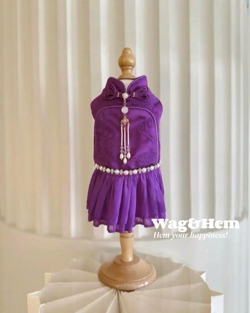（度身訂製）「紫韻綴珠」高級寵物禮服裙 ｜寵物婚禮｜高端布料【UT系列】