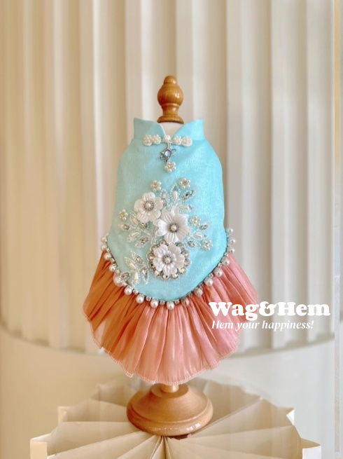（度身訂製）「幻彩珠花」高級寵物禮服裙 (5色可選)｜寵物婚禮｜高端布料【UT系列】