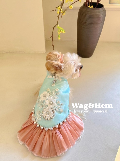 （度身訂製）「幻彩珠花」高級寵物禮服裙 (5色可選)｜寵物婚禮｜高端布料【UT系列】