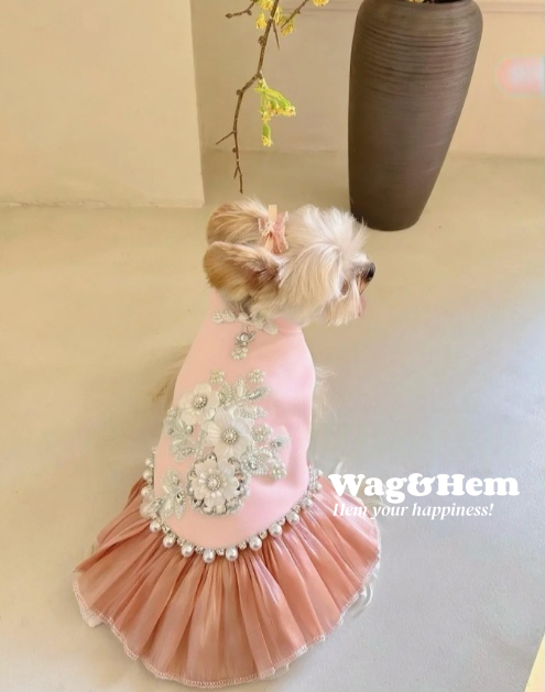 （度身訂製）「幻彩珠花」高級寵物禮服裙 (5色可選)｜寵物婚禮｜高端布料【UT系列】