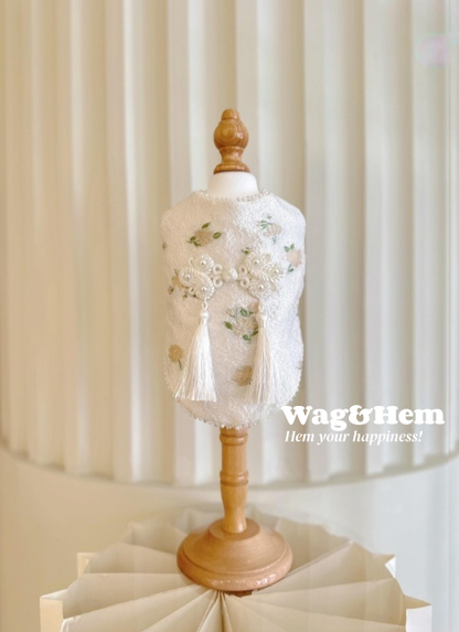 （度身訂製）「雅白流蘇」高級寵物禮服裙 ｜寵物婚禮｜高端布料【UT系列】
