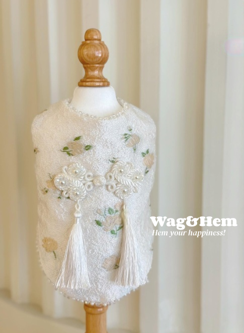 （度身訂製）「雅白流蘇」高級寵物禮服裙 ｜寵物婚禮｜高端布料【UT系列】