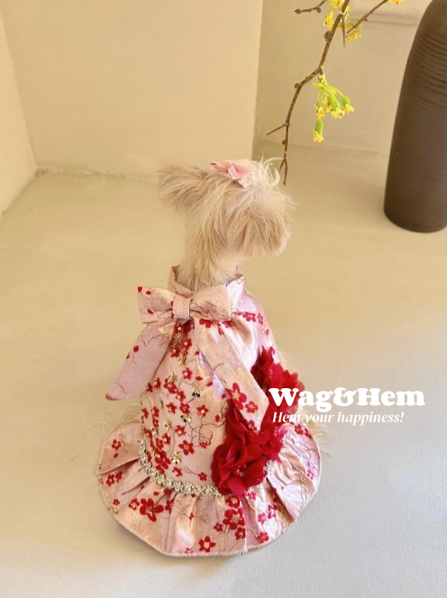 （オーダーメイド）「桃色の梅の香り」高級ペットドレススカート｜ペットウェディング｜高級生地【UTシリーズ】