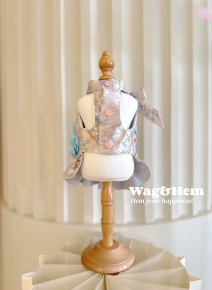 （度身訂製）「銀繡藍花」高級寵物禮服裙 ｜寵物婚禮｜高端布料【UT系列】