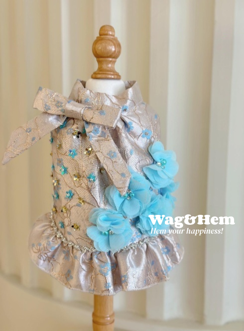 （度身訂製）「銀繡藍花」高級寵物禮服裙 ｜寵物婚禮｜高端布料【UT系列】