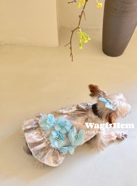 （度身訂製）「銀繡藍花」高級寵物禮服裙 ｜寵物婚禮｜高端布料【UT系列】