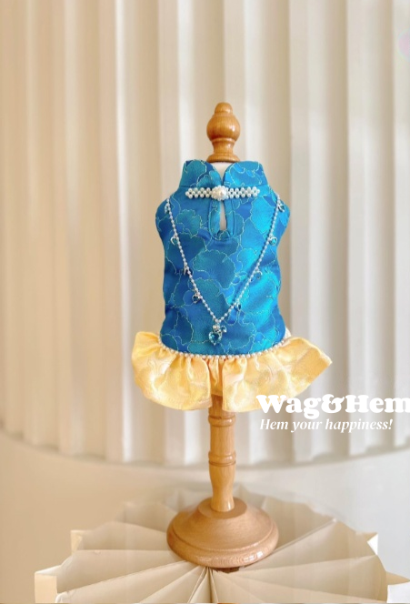 （度身訂製）「藍金華韻」高級寵物禮服裙 ｜寵物婚禮｜高端布料【UT系列】