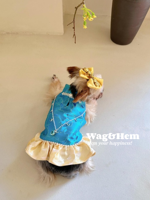 （度身訂製）「藍金華韻」高級寵物禮服裙 ｜寵物婚禮｜高端布料【UT系列】
