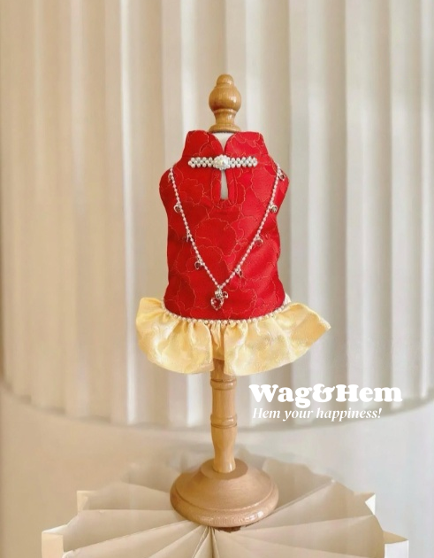 （度身訂製）「紅金華韻」高級寵物禮服裙 ｜寵物婚禮｜高端布料【UT系列】